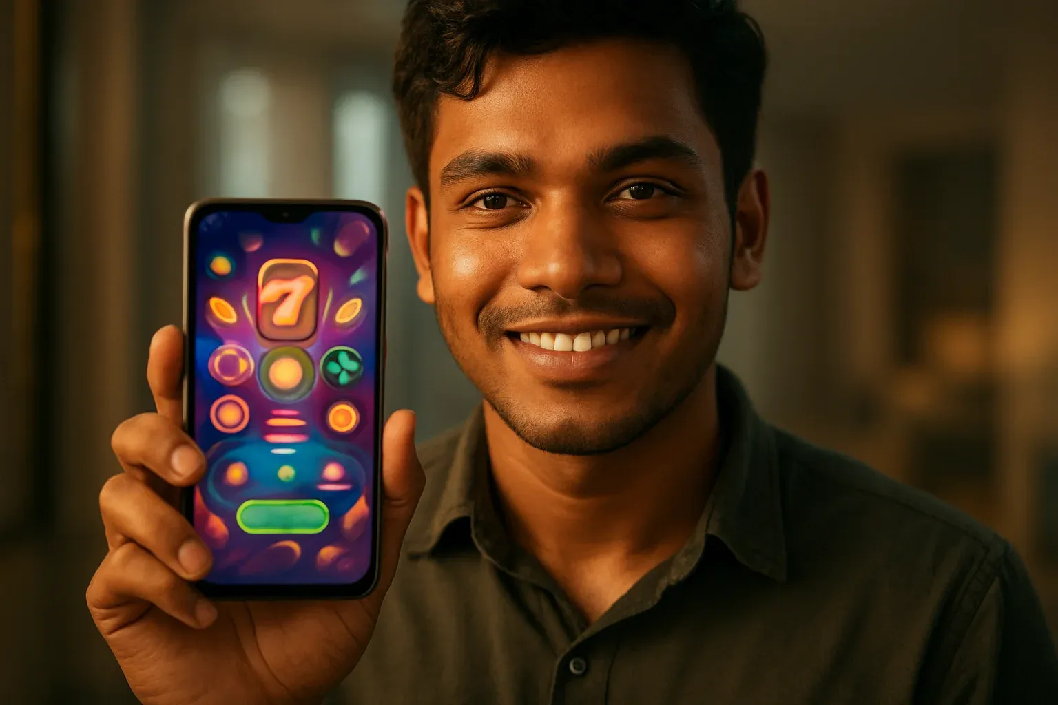 Young Bangladeshi man holding smartphone with colorful casino app interface