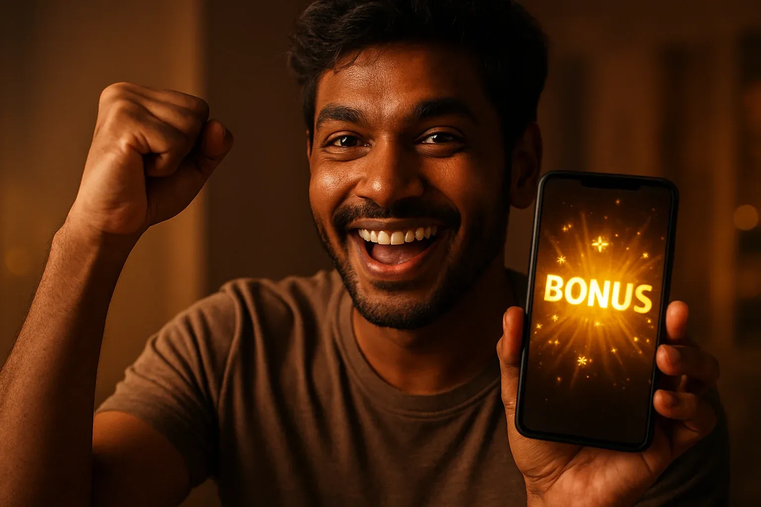 Joyful Bangladeshi man holding smartphone with glowing bonus notification screen