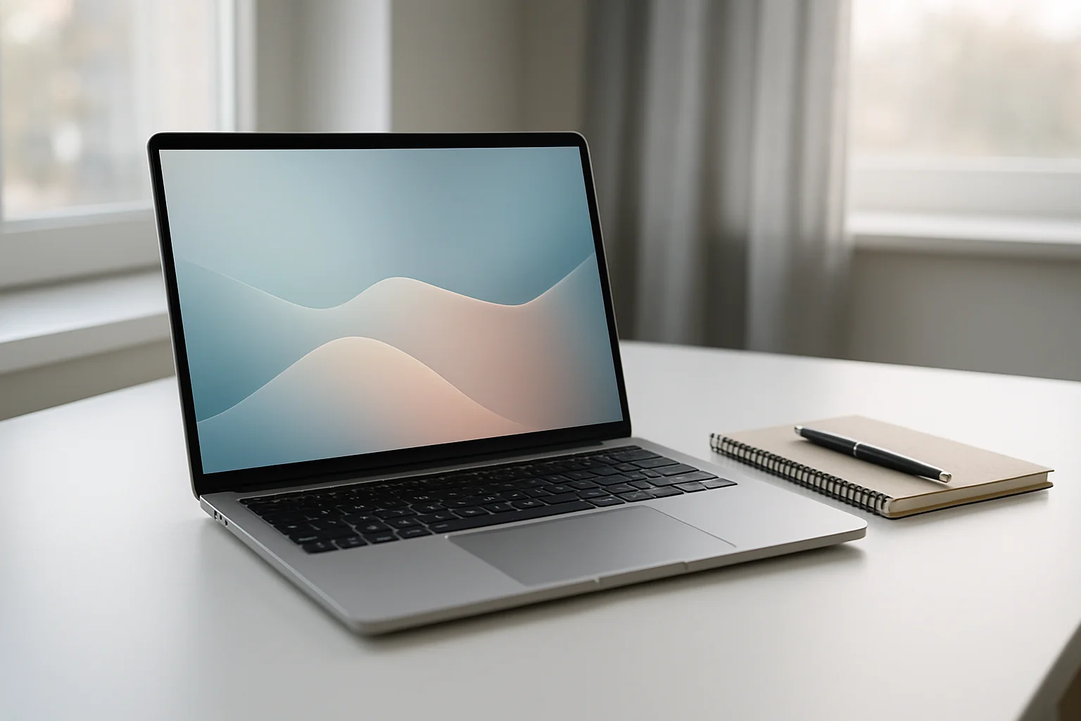 Modern laptop on white desk with abstract glowing screen and notepad