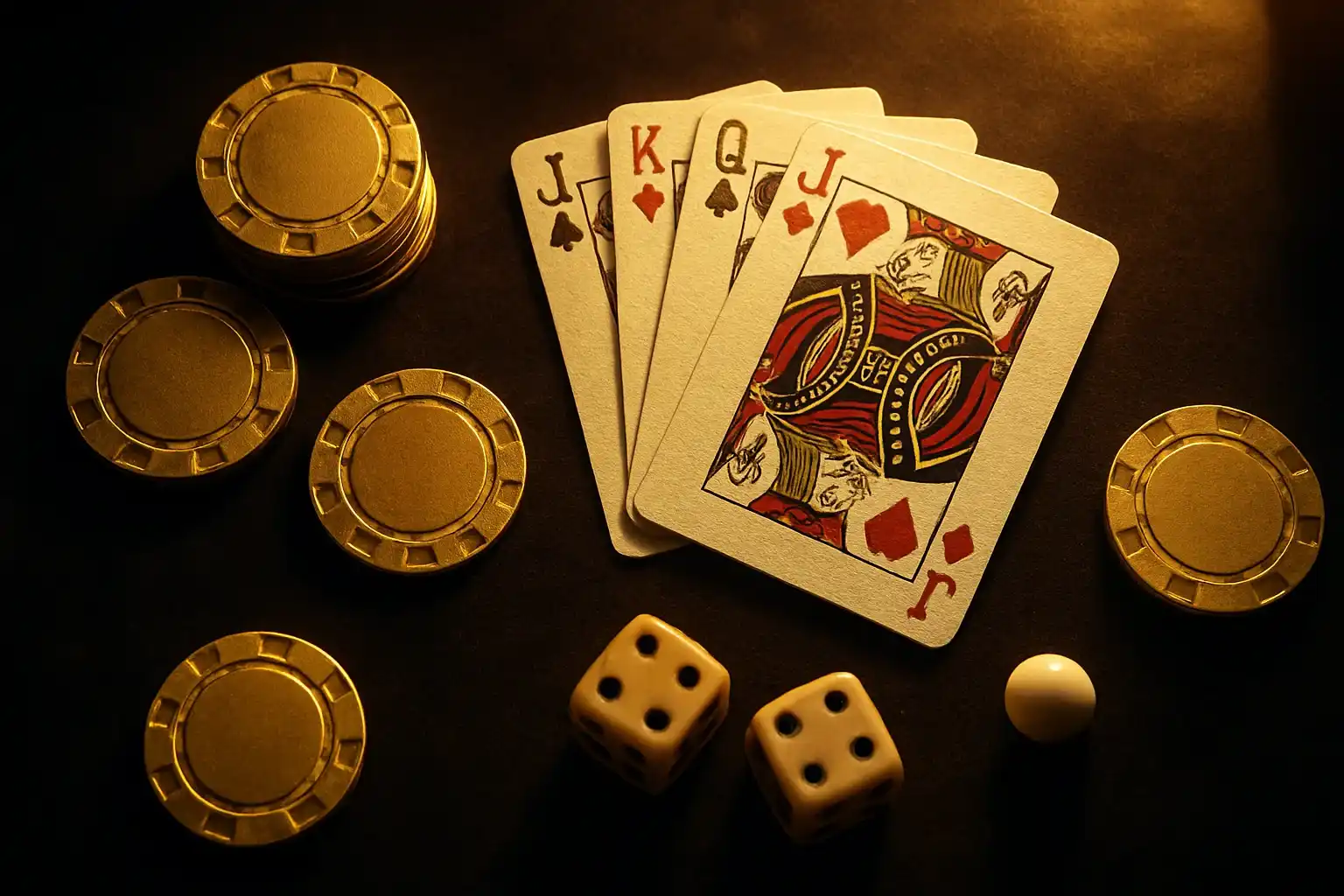 Golden casino chips, playing cards, dice, and roulette ball on velvet