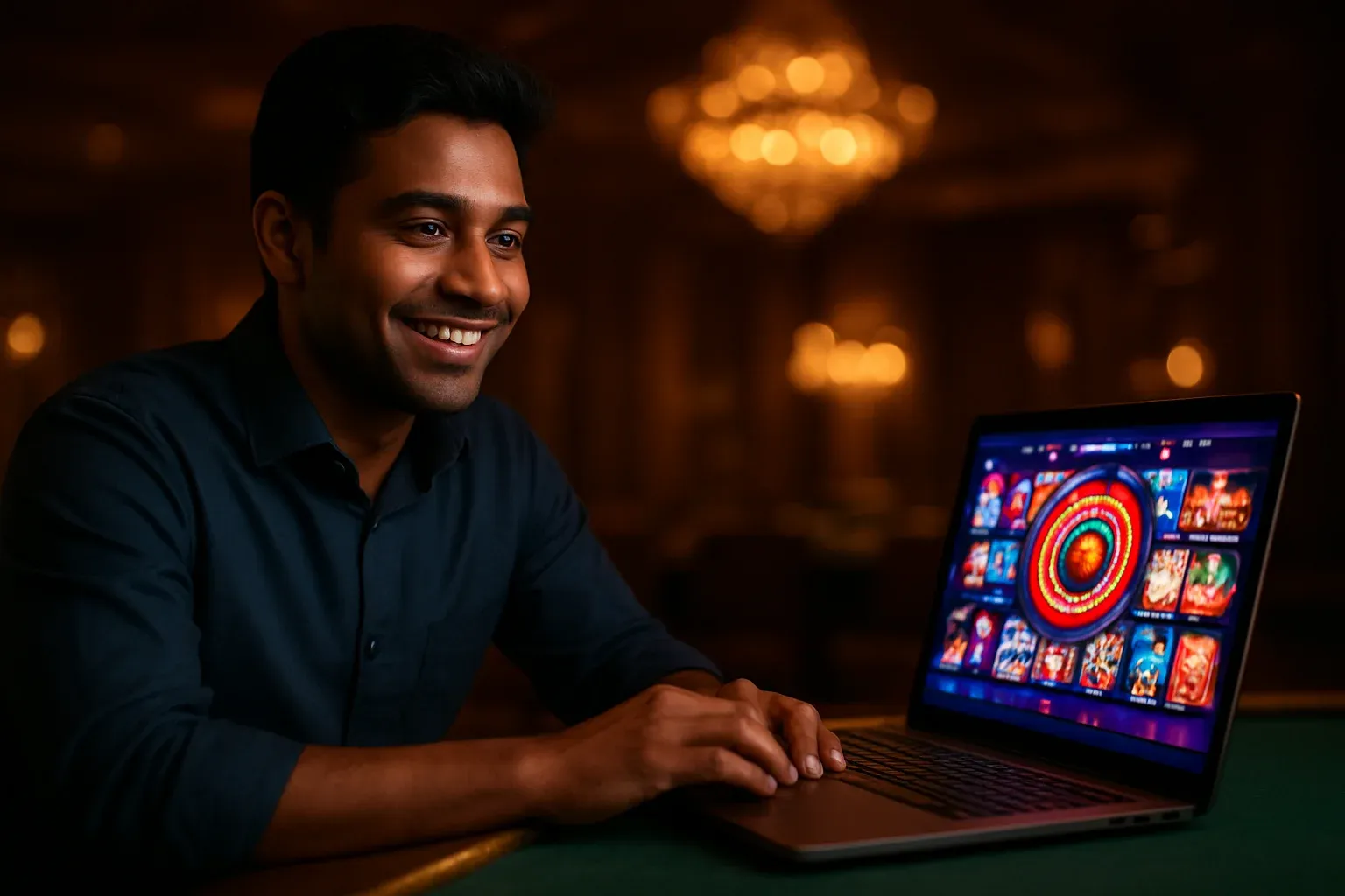 Cheerful Bangladeshi man at casino lounge with open laptop showing colorful interface