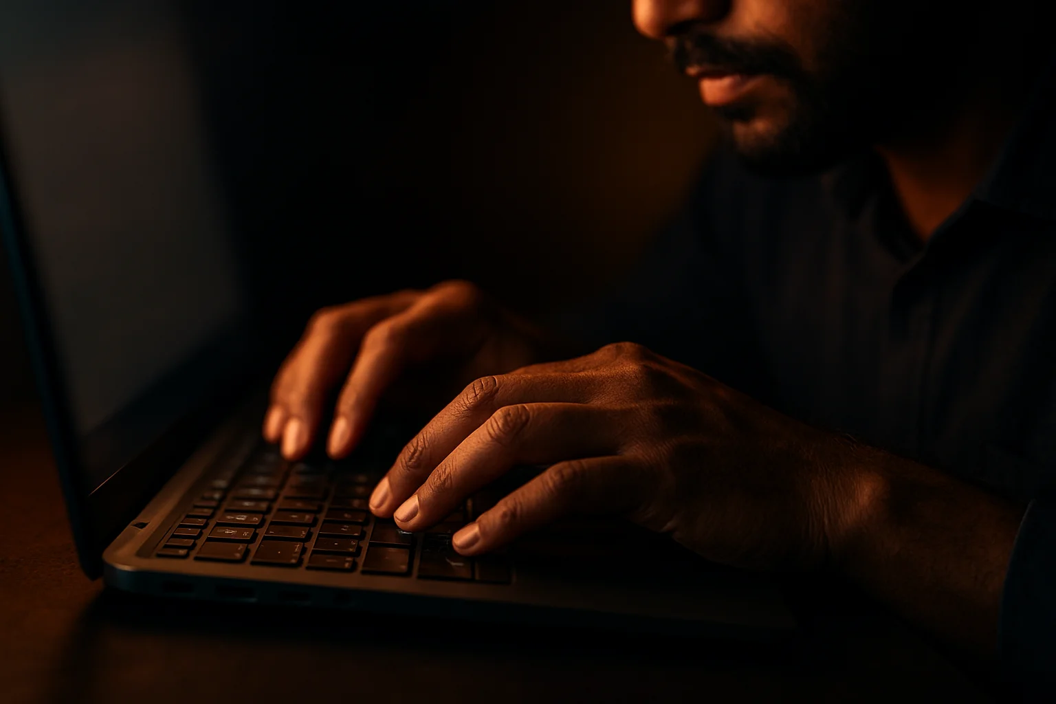 Close-up of Bangladeshi man's hands typing on modern laptop keyboard