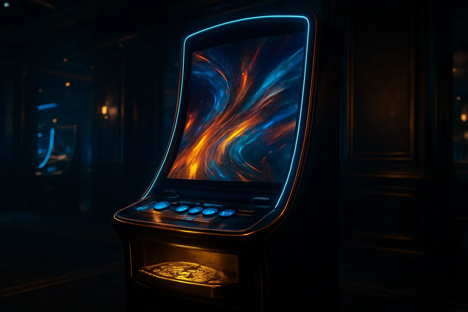 Hyperrealistic premium slot machine in dark luxury setting with neon lighting